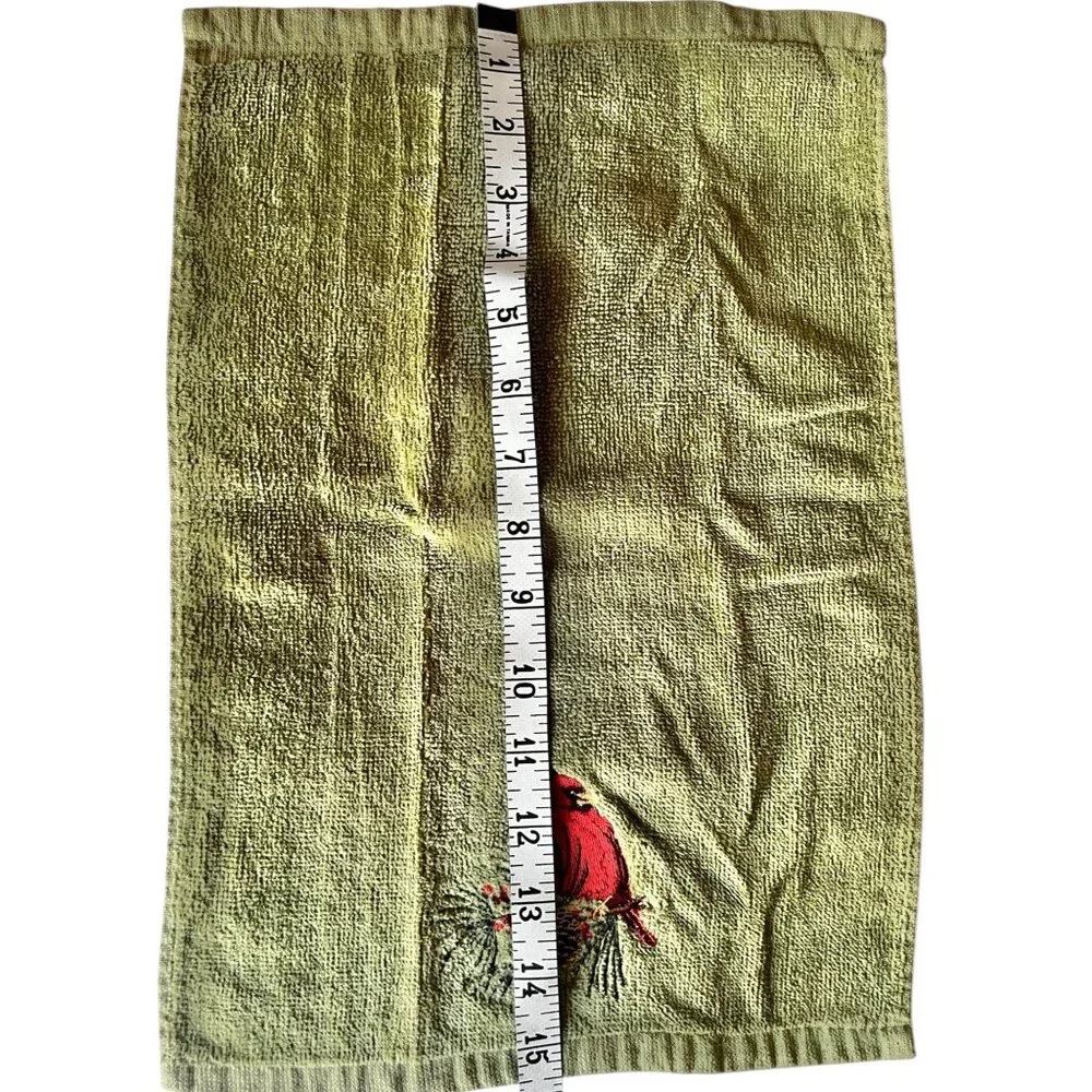 Set Of 2 Green Christmas Hand Towels Red Cardinal Embroidery 17